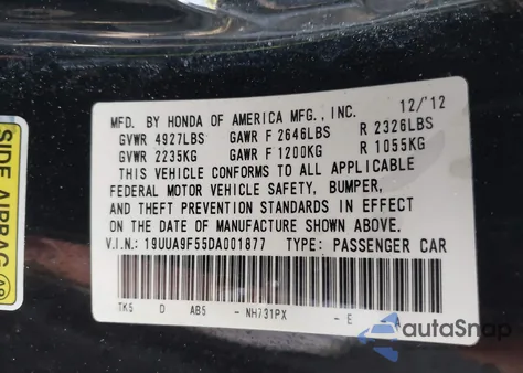 2013 Acura Tl 3.7 из США, поврежденный, VIN 19UUA9F55DA001877